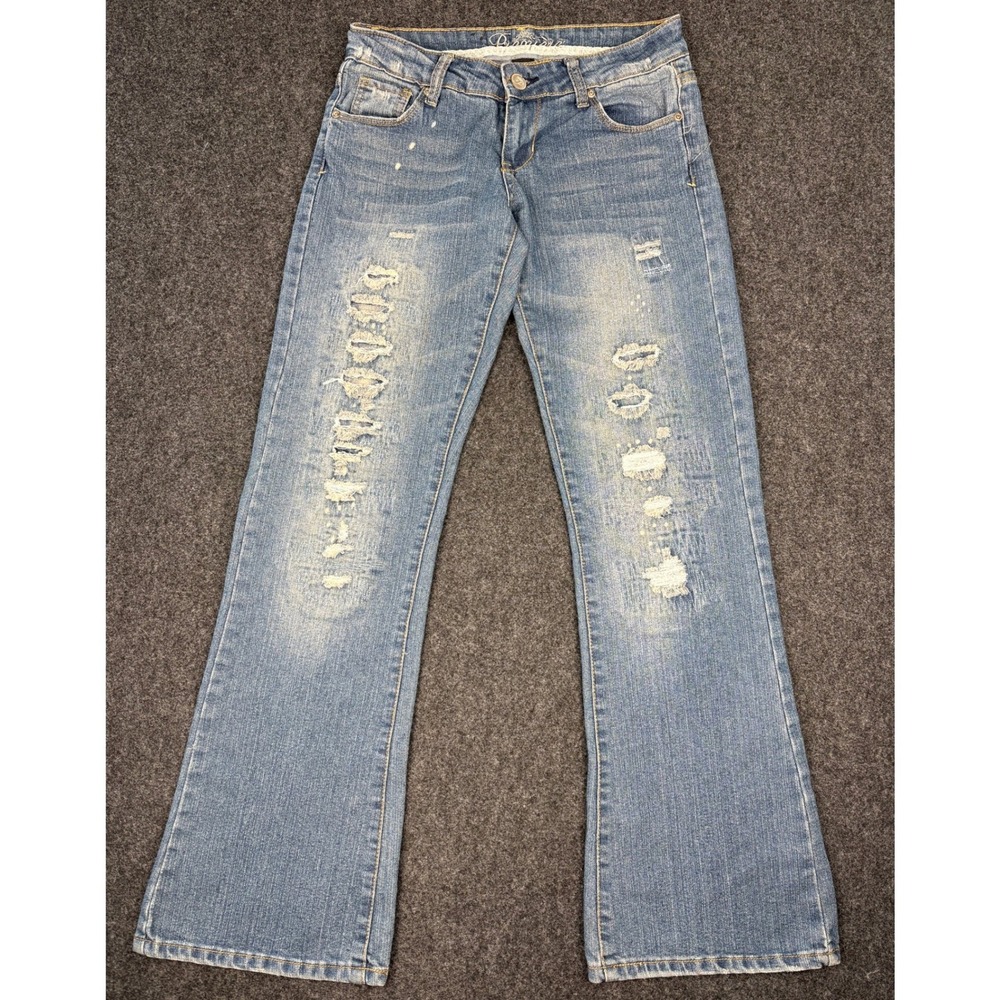 Premiere Distressed Flare Jeans‎ Womens 3/4 Medium Wash Paint Splatter Low Rise